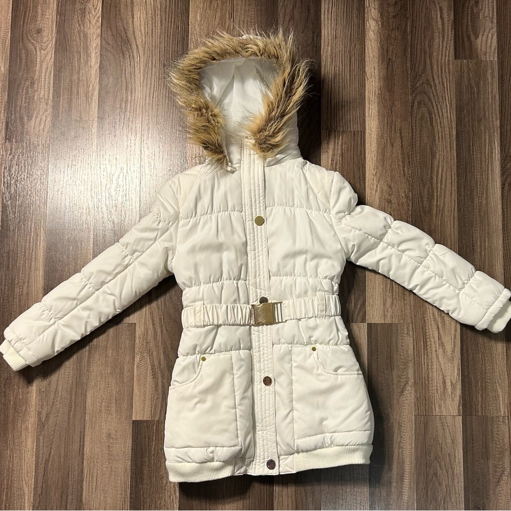 Me Jane Cream Kids Puffer Jacket with Faux Fur Hood